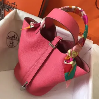 Hermes Růžová rtěnka Picotin Lock PM 18cm Ručně vyráběná taška