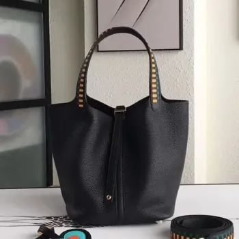 Hermes Black Picotin Lock 22cm Taška s pletenou rukojetí