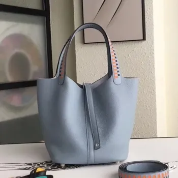 Hermes Blue Lin Picotin Lock 22cm Taška s pletenou rukojetí