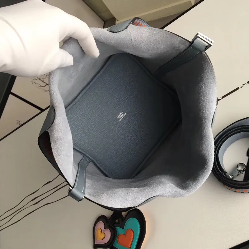 Hermes Blue Lin Picotin Lock 22cm Taška s pletenou rukojetí