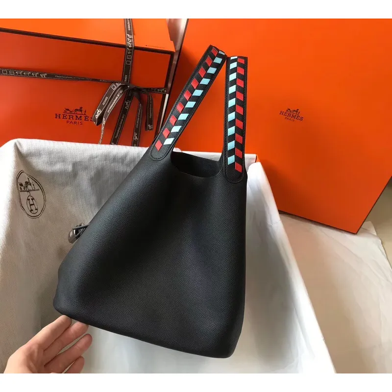 Hermes Black Picotin Lock 22 Taška s pletenými rukojeťmi
