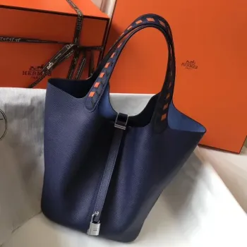 Hermes Sapphire Picotin Lock 22 Taška s pletenými rukojeťmi