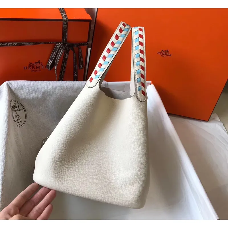 Hermes White Picotin Lock 22 Taška s pletenými rukojeťmi
