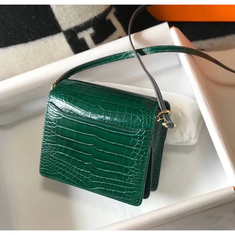 Hermes Roulis Mini Taška v Zelené Embossované Krokodýlí Telecí Kůži