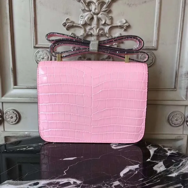 Hermes Pink Constance MM 24cm Krokodýlí Taška