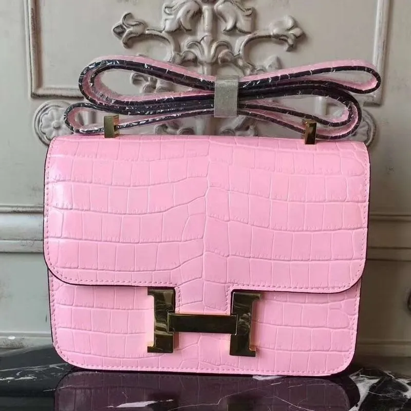 Hermes Pink Constance MM 24cm Krokodýlí Taška