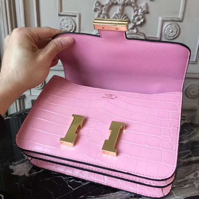 Hermes Pink Constance MM 24cm Krokodýlí Taška