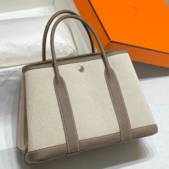 Hermès Garden Party 30cm taška v plátně a taupe kůži