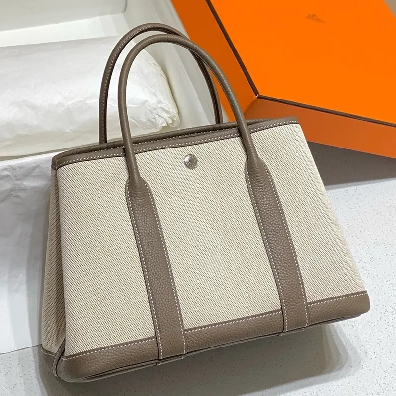 Hermès Garden Party 30cm taška v plátně a taupe kůži