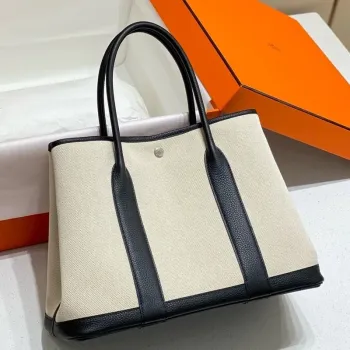 Hermes Garden Party 36cm Taška v plátně a černé kůži