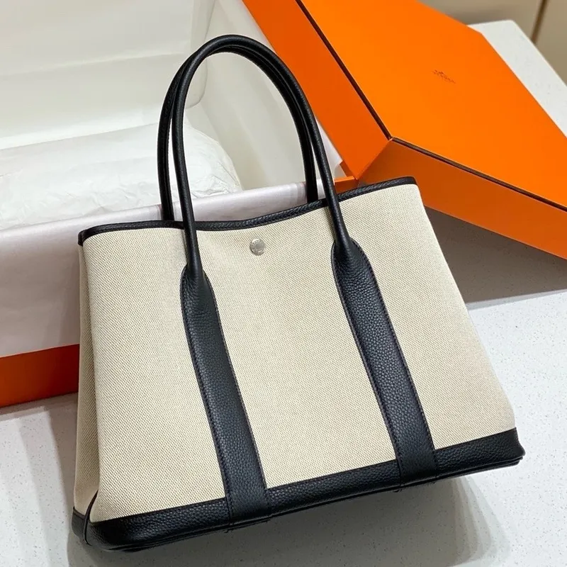 Hermes Garden Party 36cm Taška v plátně a černé kůži