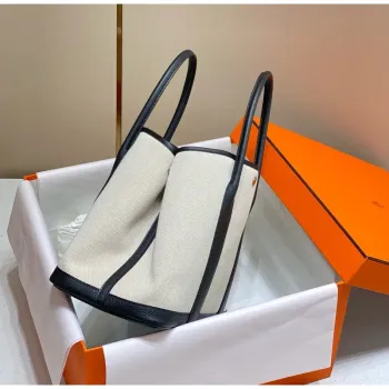 Hermes Garden Party 36cm Taška v plátně a černé kůži