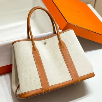 Hermes Garden Party 36cm Taška v plátně a zlaté kůže