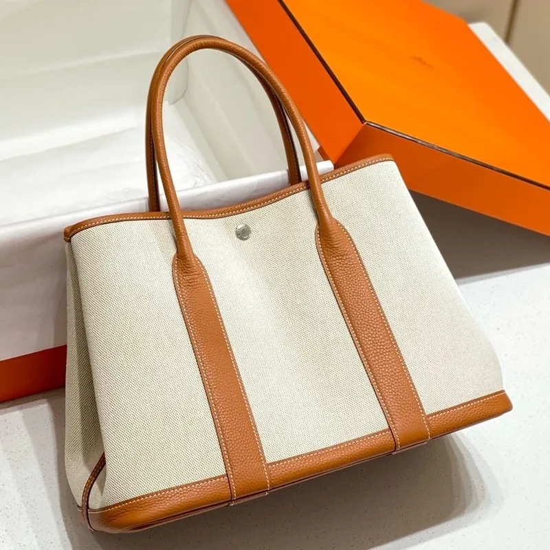 Hermes Garden Party 36cm Taška v plátně a zlaté kůže