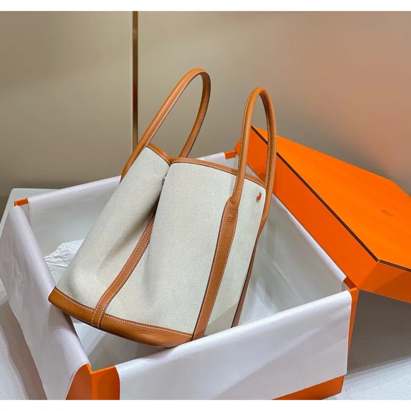 Hermes Garden Party 36cm Taška v plátně a zlaté kůže