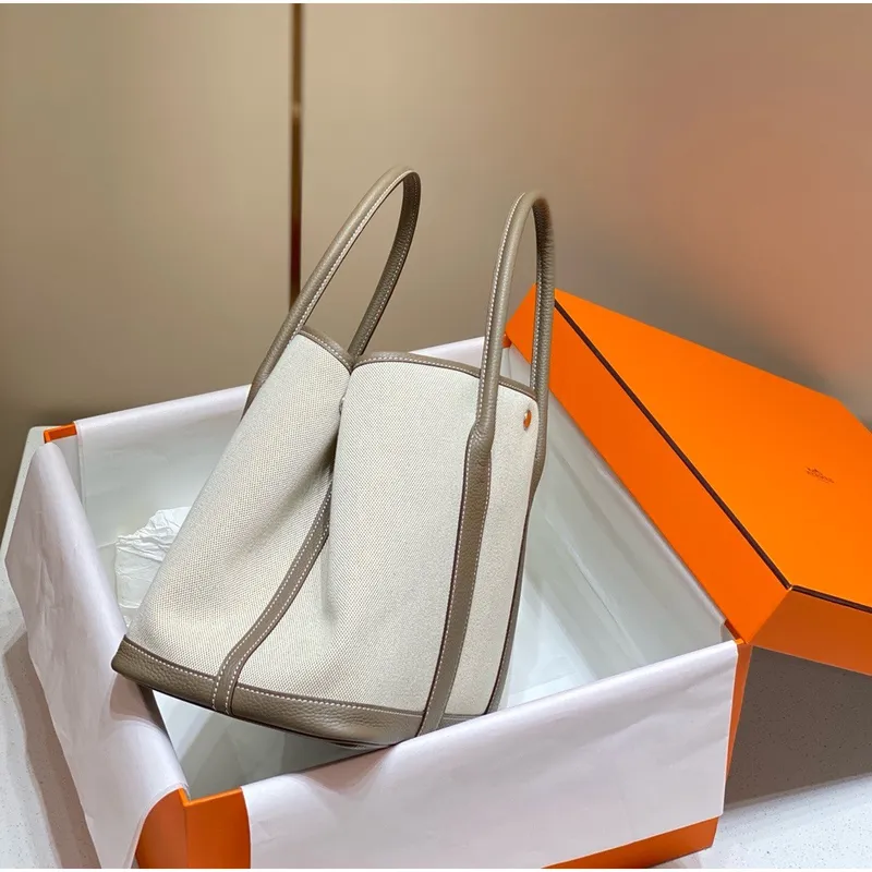 Hermes Garden Party 36cm Taška v plátně a taupe kůži