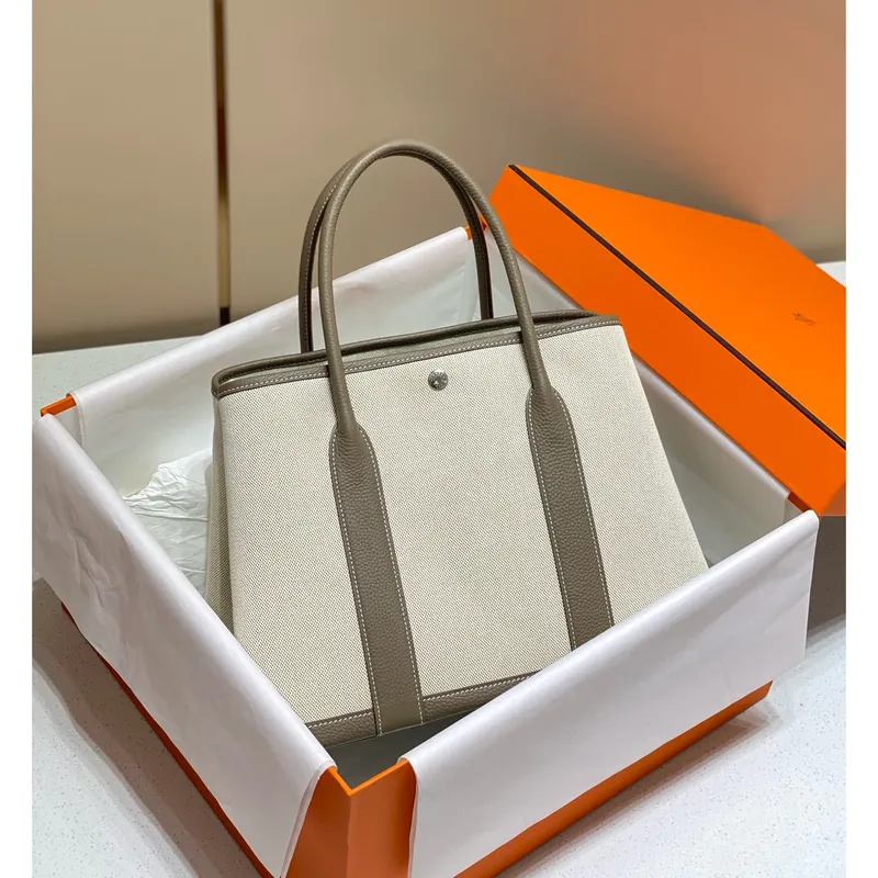 Hermes Garden Party 36cm Taška v plátně a taupe kůži