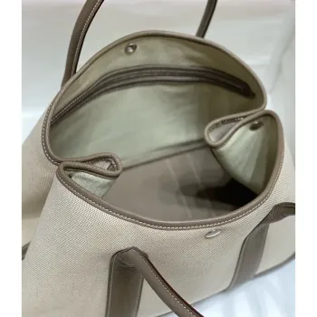 Hermes Garden Party 36cm Taška v plátně a taupe kůži