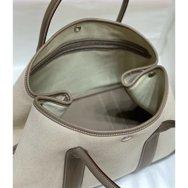 Hermes Garden Party 36cm Taška v plátně a taupe kůži