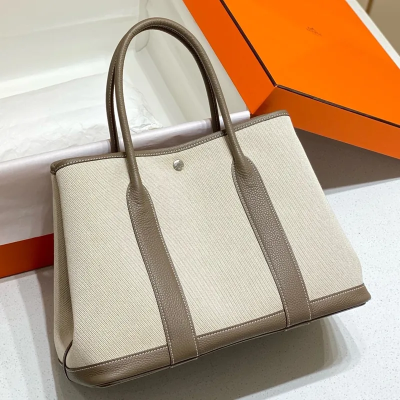 Hermes Garden Party 36cm Taška v plátně a taupe kůži