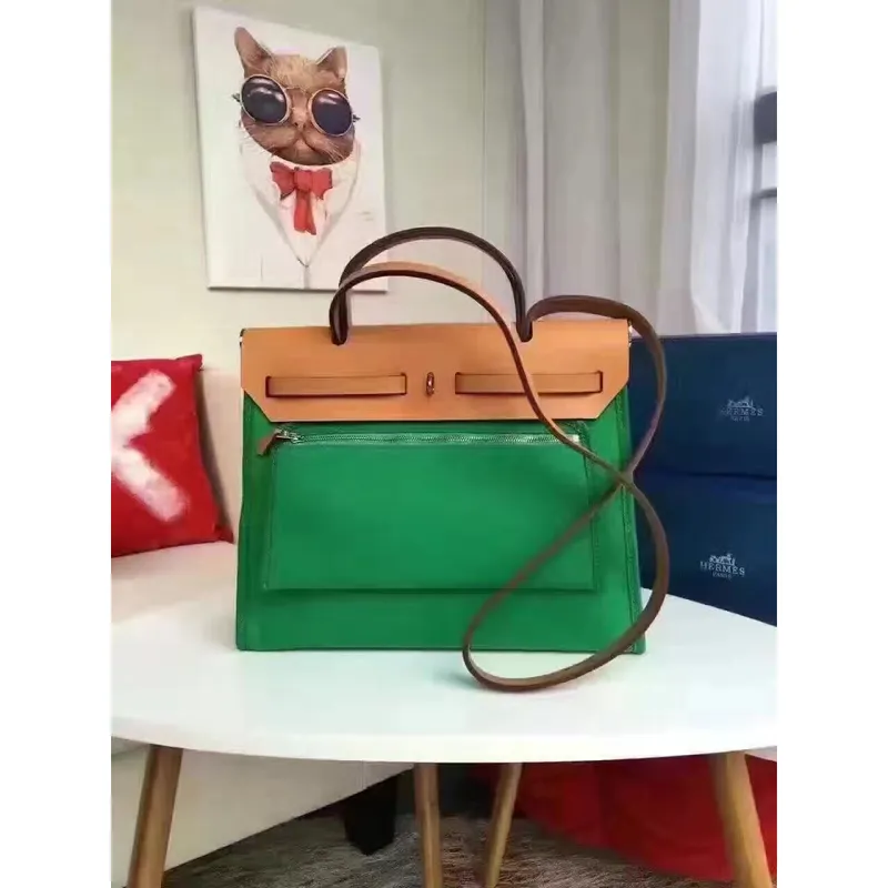 Hermes Herbag Zip PM 31cm Taška v zelené plátno