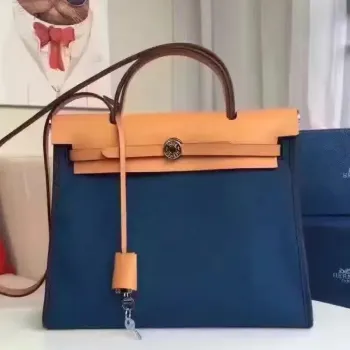 Hermes Herbag Zip PM 31cm Taška v safírové plátno