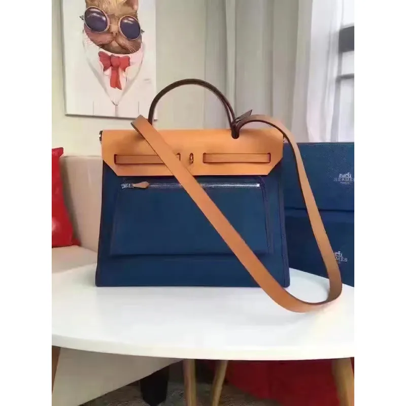 Hermes Herbag Zip PM 31cm Taška v safírové plátno