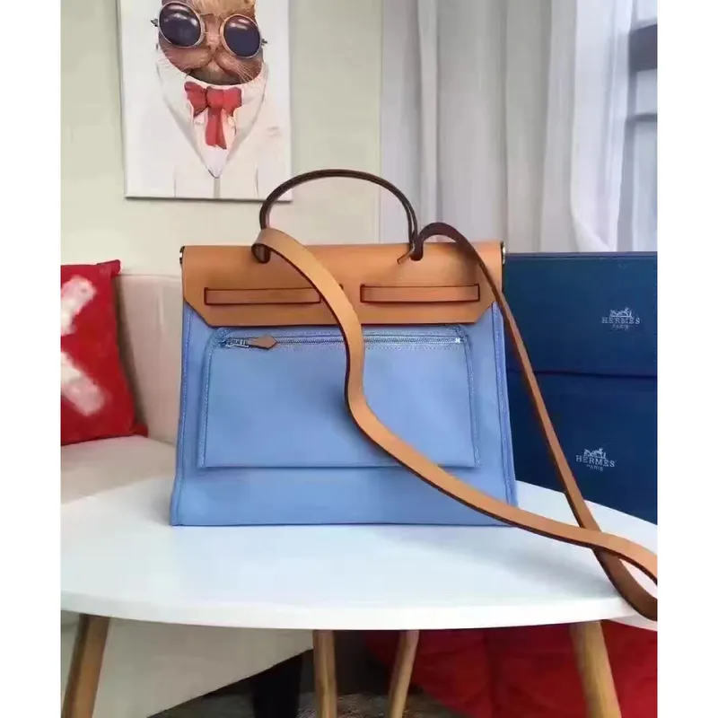 Hermes Herbag Zip PM 31cm Taška v plátně Celeste