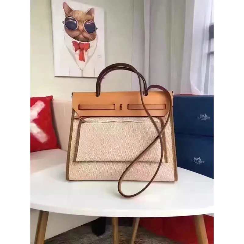 Hermes Herbag Zip PM 31cm Taška v béžové plátno