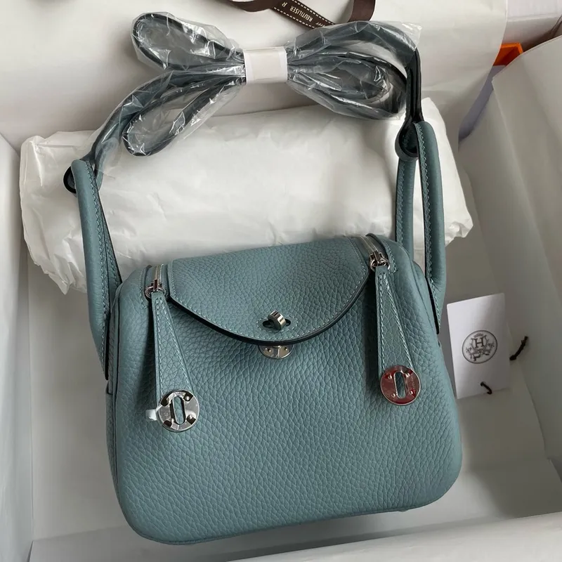 Hermes Mini Lindy Ručně Vyrobená Taška V Kůži Ciel Clemence