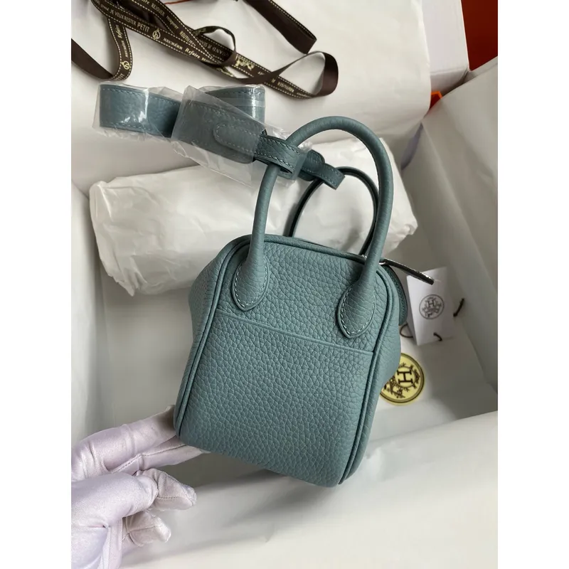 Hermes Mini Lindy Ručně Vyrobená Taška V Kůži Ciel Clemence