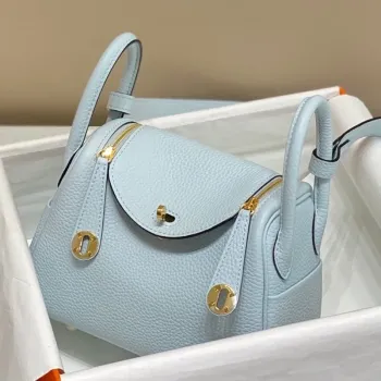 Hermes Lindy Mini Taška v modré Brume kůži Clemence GHW