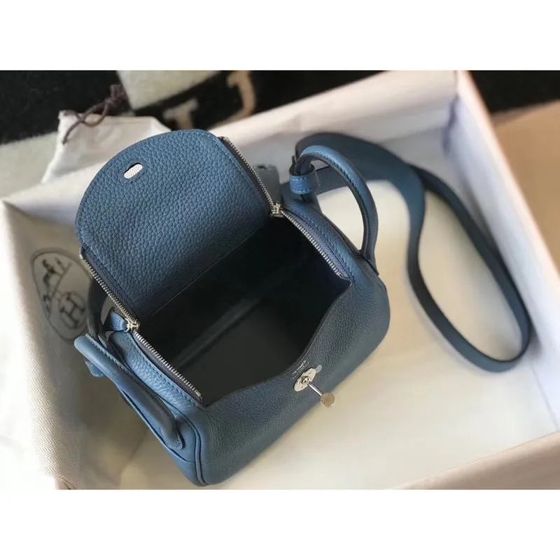 Hermes Mini Lindy Taška v modré achátové kůži Clemence