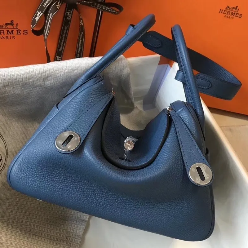 Hermes Lindy 26cm Taška v modré achátové kůži Clemence s PHW