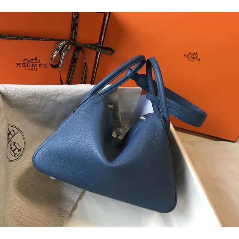 Hermes Lindy 26cm Taška v modré achátové kůži Clemence s PHW