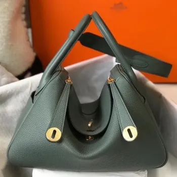 Hermes Lindy 26cm Taška v barvě Vert Amande Clemence s GHW