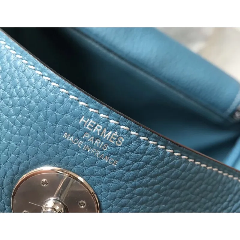 Hermes Lindy 26cm Taška v modrém džínovém kůži Clemence s PHW