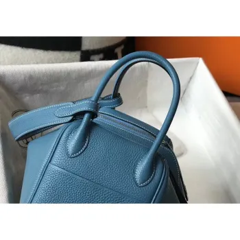 Hermes Lindy 26cm Taška v modrém džínovém kůži Clemence s PHW