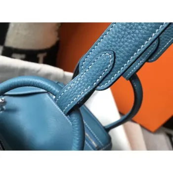Hermes Lindy 26cm Taška v modrém džínovém kůži Clemence s PHW