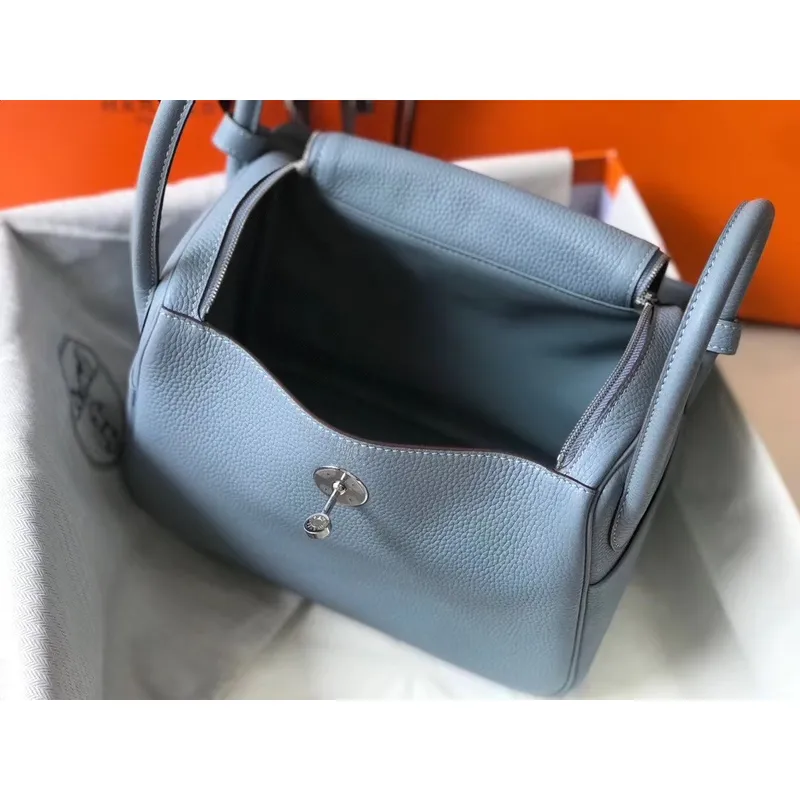 Taška Hermes Lindy 26cm v modrém lnu Clemence s PHW