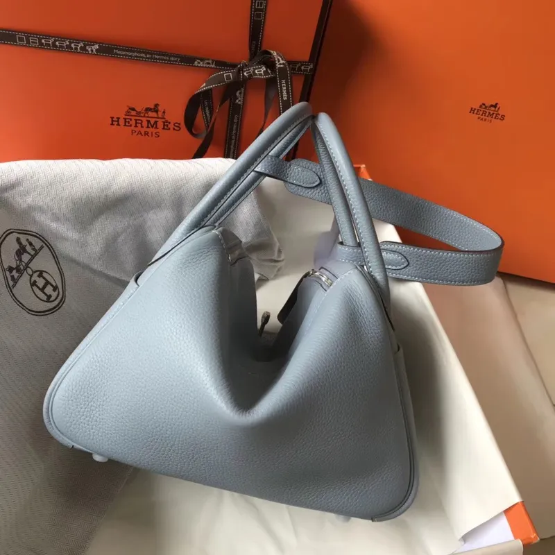Taška Hermes Lindy 26cm v modrém lnu Clemence s PHW