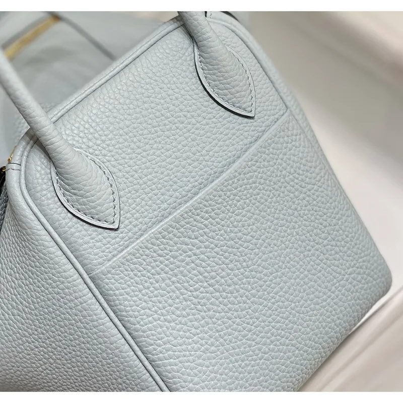 Taška Hermes Lindy 30 cm v modré Brume z kůže Clemence s GHW