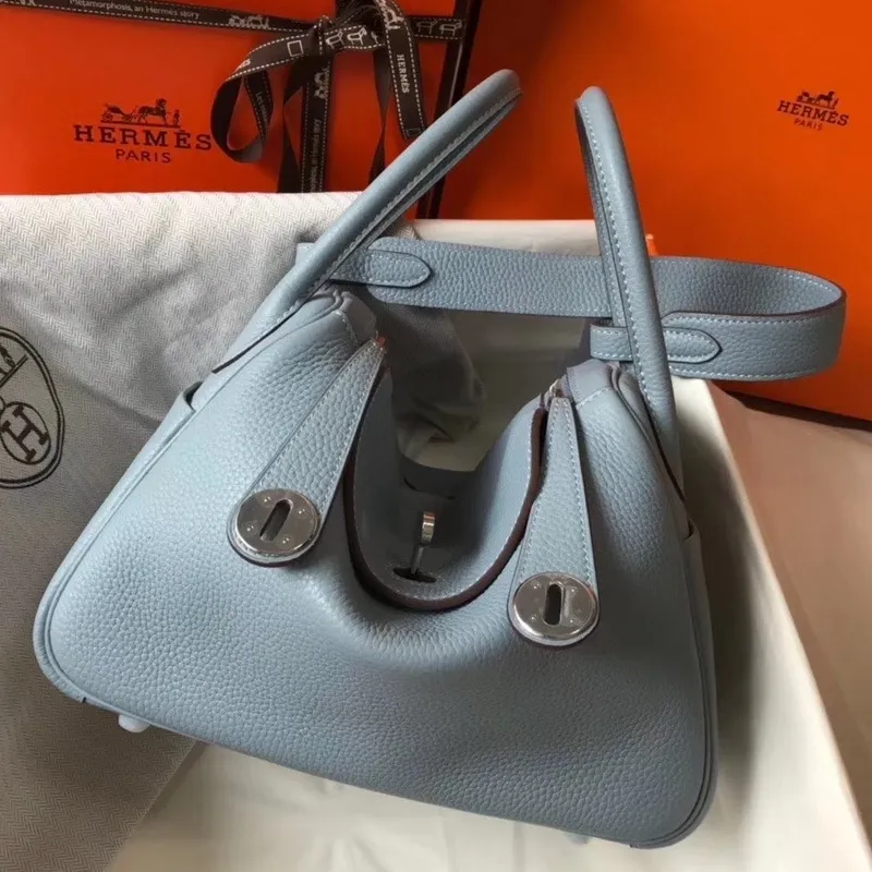 Hermes Lindy 30cm Taška v modré kůži Lin Clemence