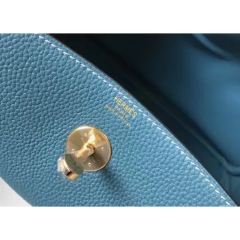 Hermes Lindy 30cm Taška v kůži Clemence v modré džínové barvě
