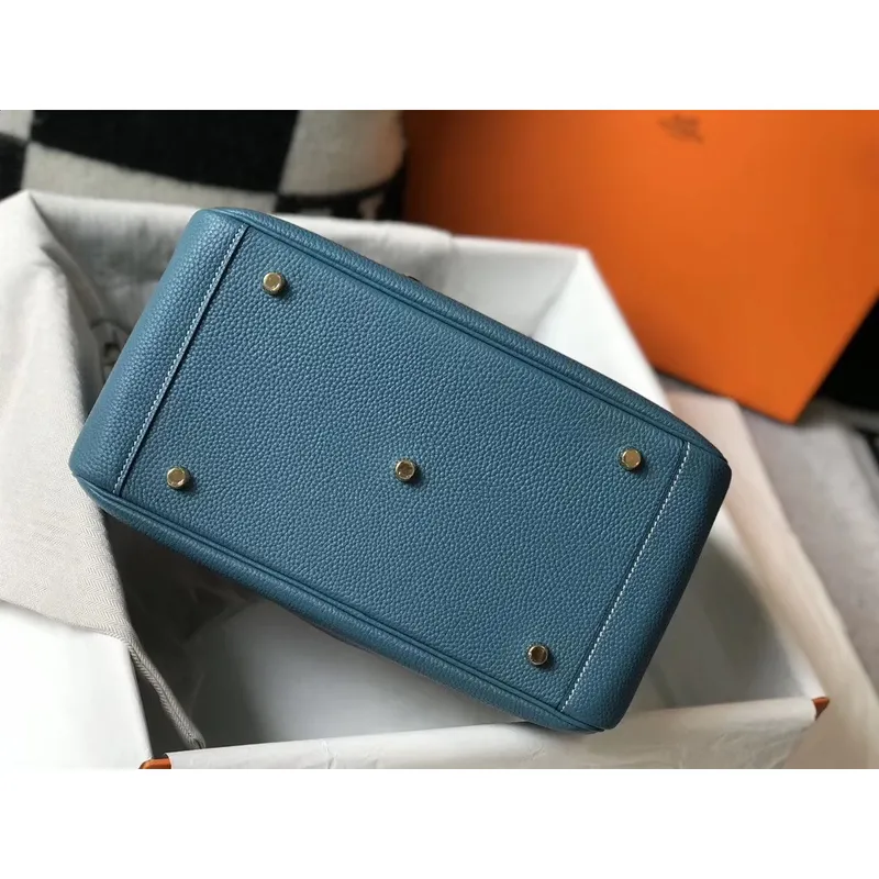 Hermes Lindy 30cm Taška v kůži Clemence v modré džínové barvě