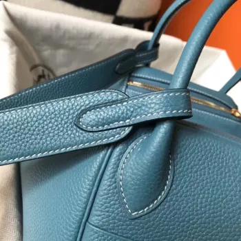 Hermes Lindy 30cm Taška v kůži Clemence v modré džínové barvě