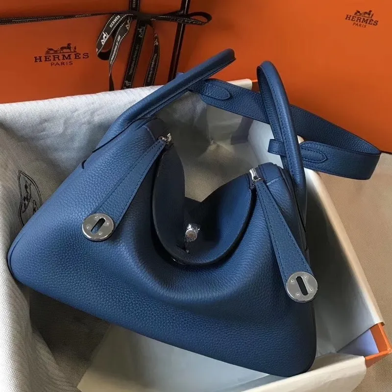 Hermes Lindy 30cm Taška v modré achátové kůži Clemence
