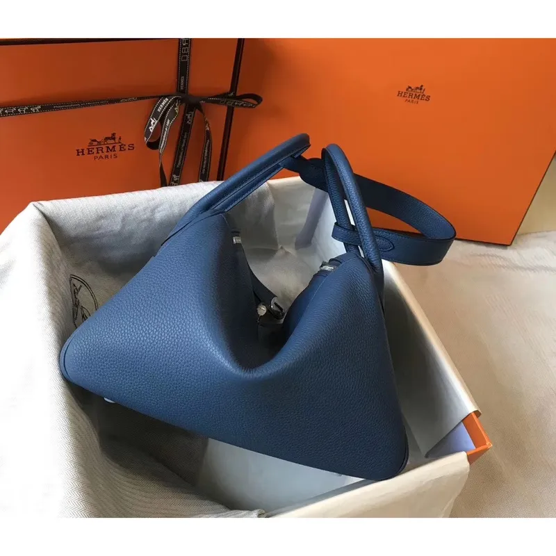 Hermes Lindy 30cm Taška v modré achátové kůži Clemence