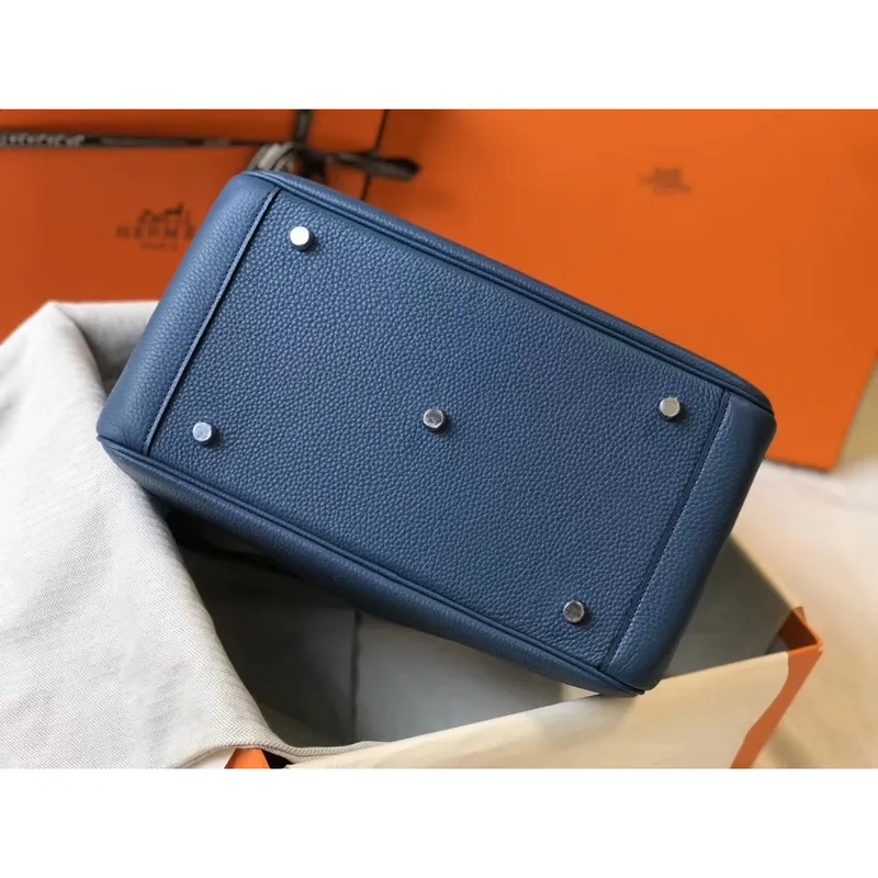Hermes Lindy 30cm Taška v modré achátové kůži Clemence