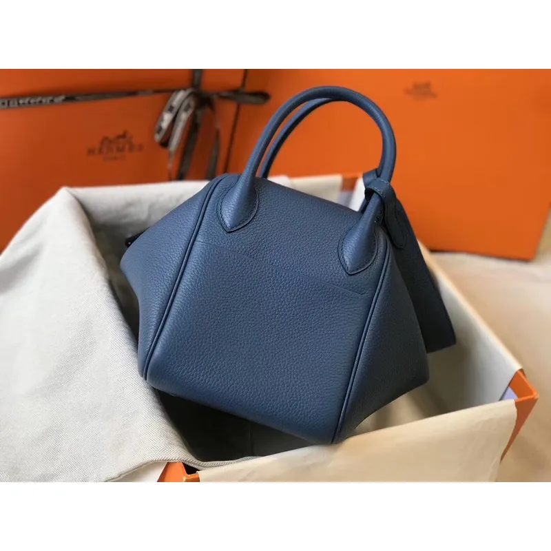 Hermes Lindy 30cm Taška v modré achátové kůži Clemence